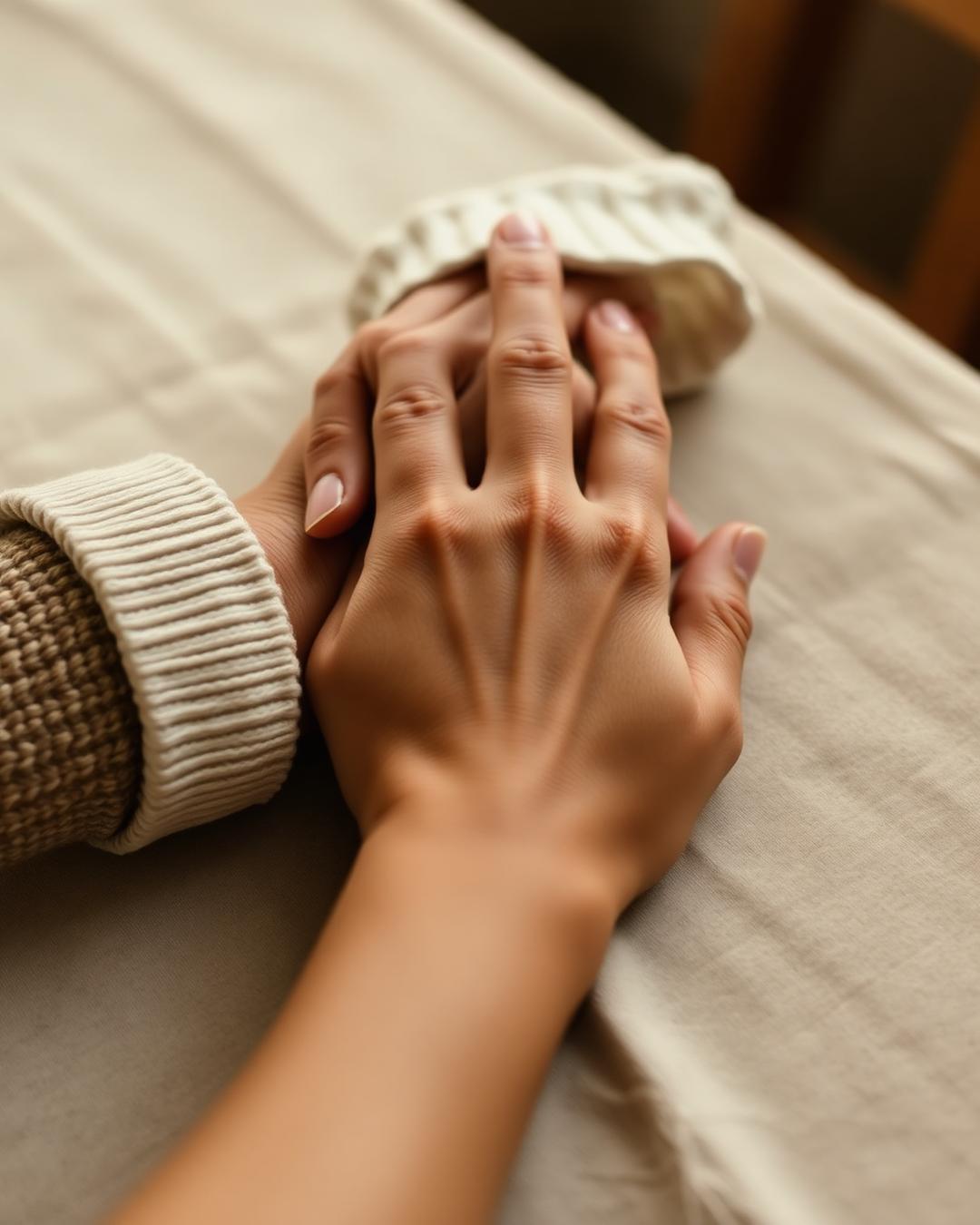 A caregiver's hands resting gently on an elder's hand